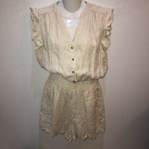 Grade & Gather Ruffle Sleeves 100% Linen Romper Button Up Top Medium - Picture 3 of 10
